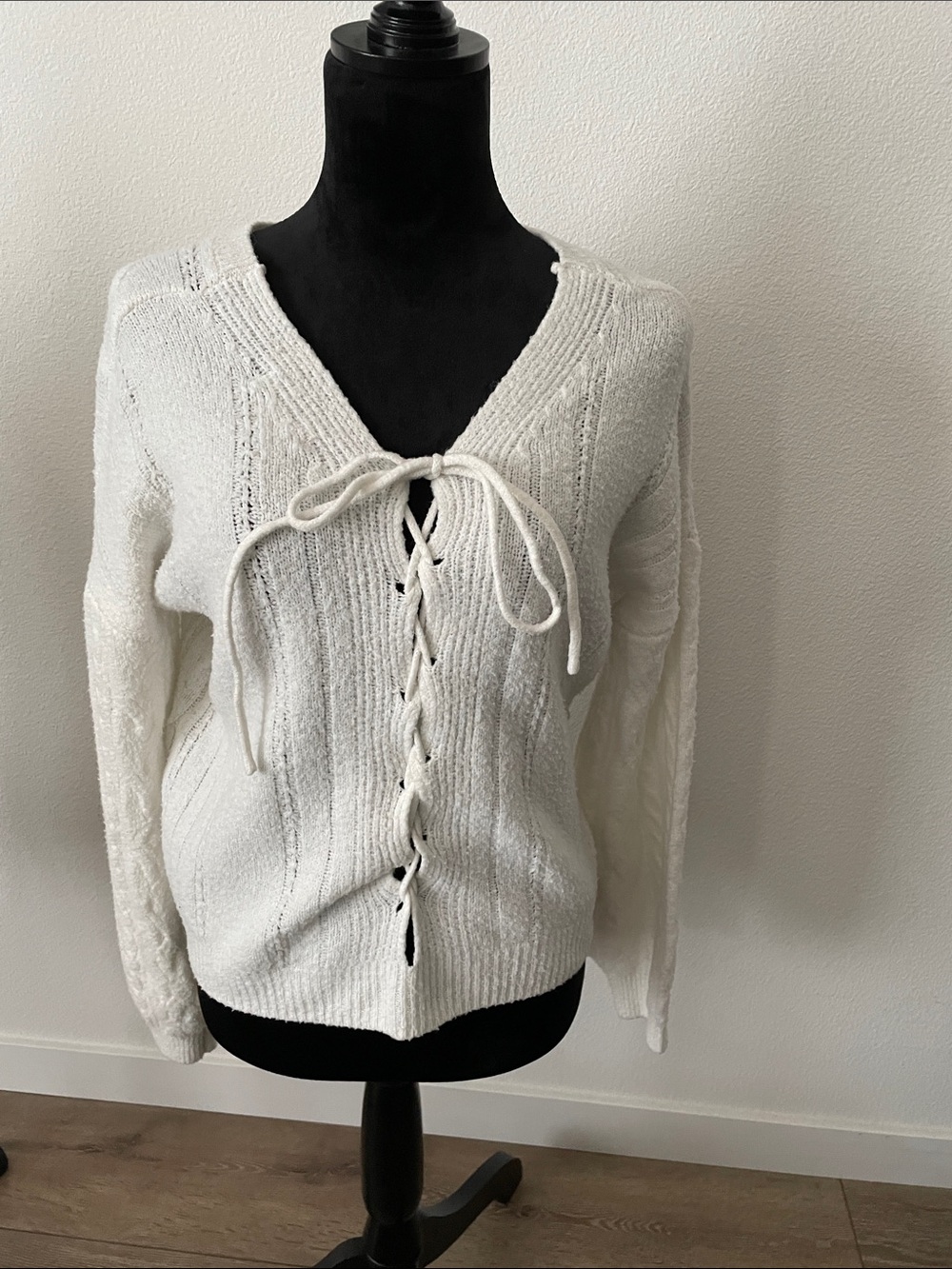SO White Lace-Up V-Neck Knit Sweater